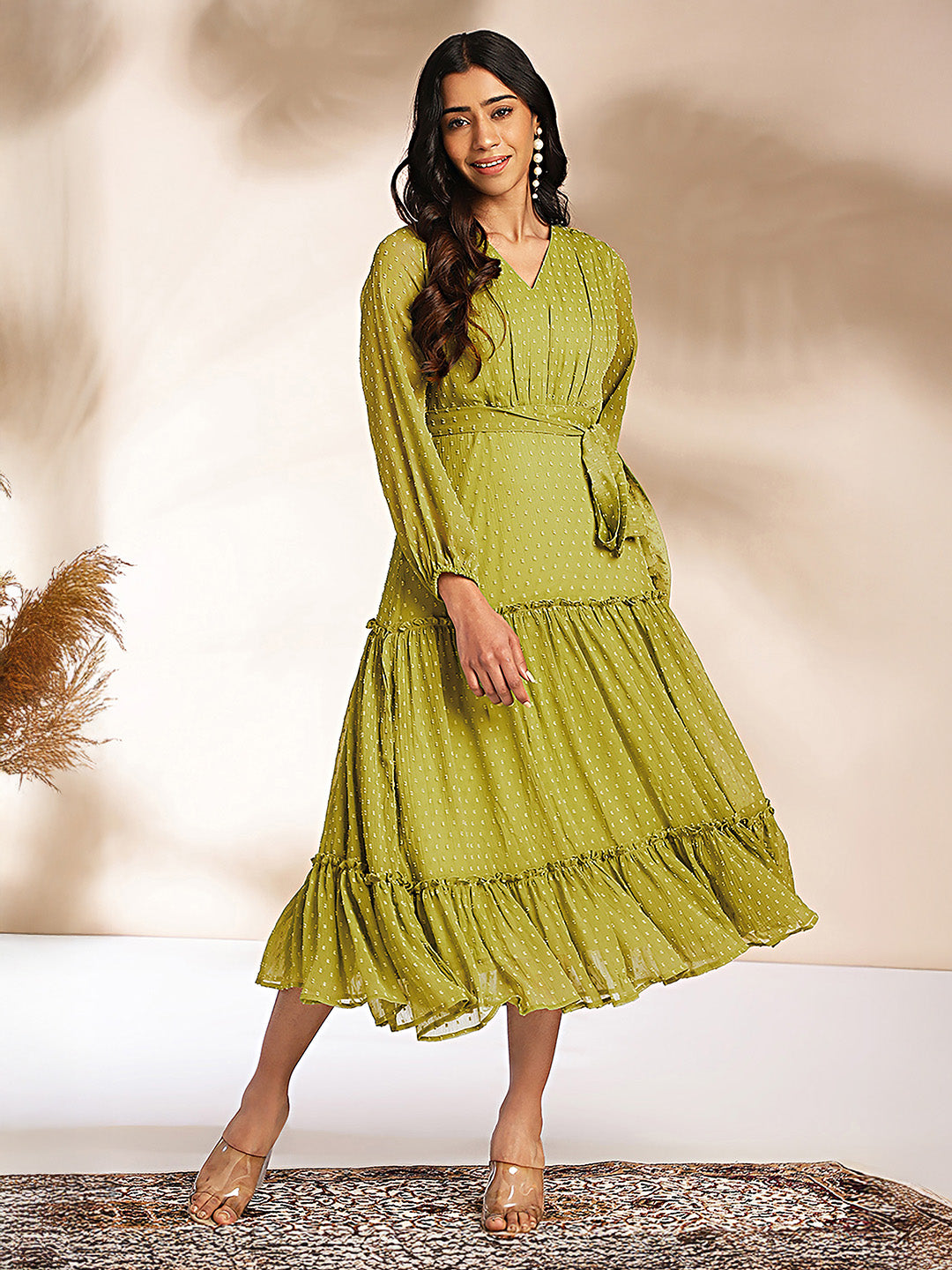 Janasya Lime Tiered Dobby Chiffon Dress - Dista