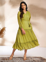Thumbnail for Janasya Lime Tiered Dobby Chiffon Dress - Dista