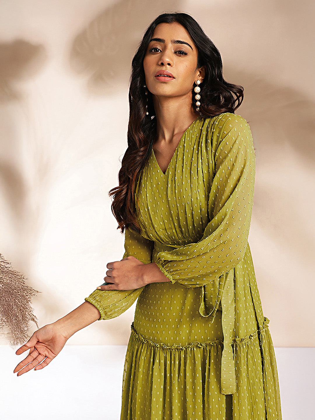 Janasya Lime Tiered Dobby Chiffon Dress - Dista