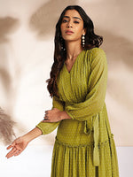 Thumbnail for Janasya Lime Tiered Dobby Chiffon Dress - Dista