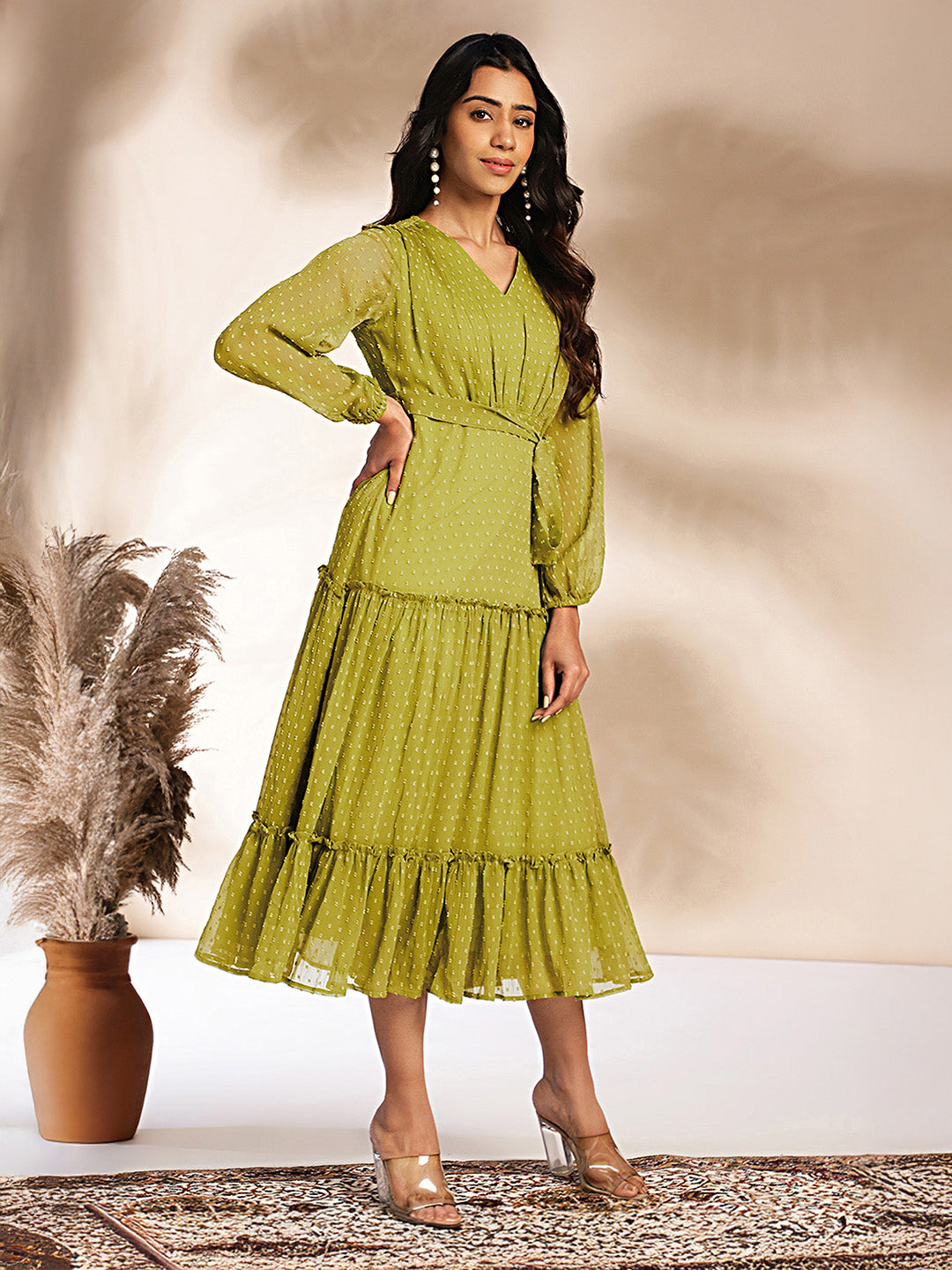 Janasya Lime Tiered Dobby Chiffon Dress - Dista
