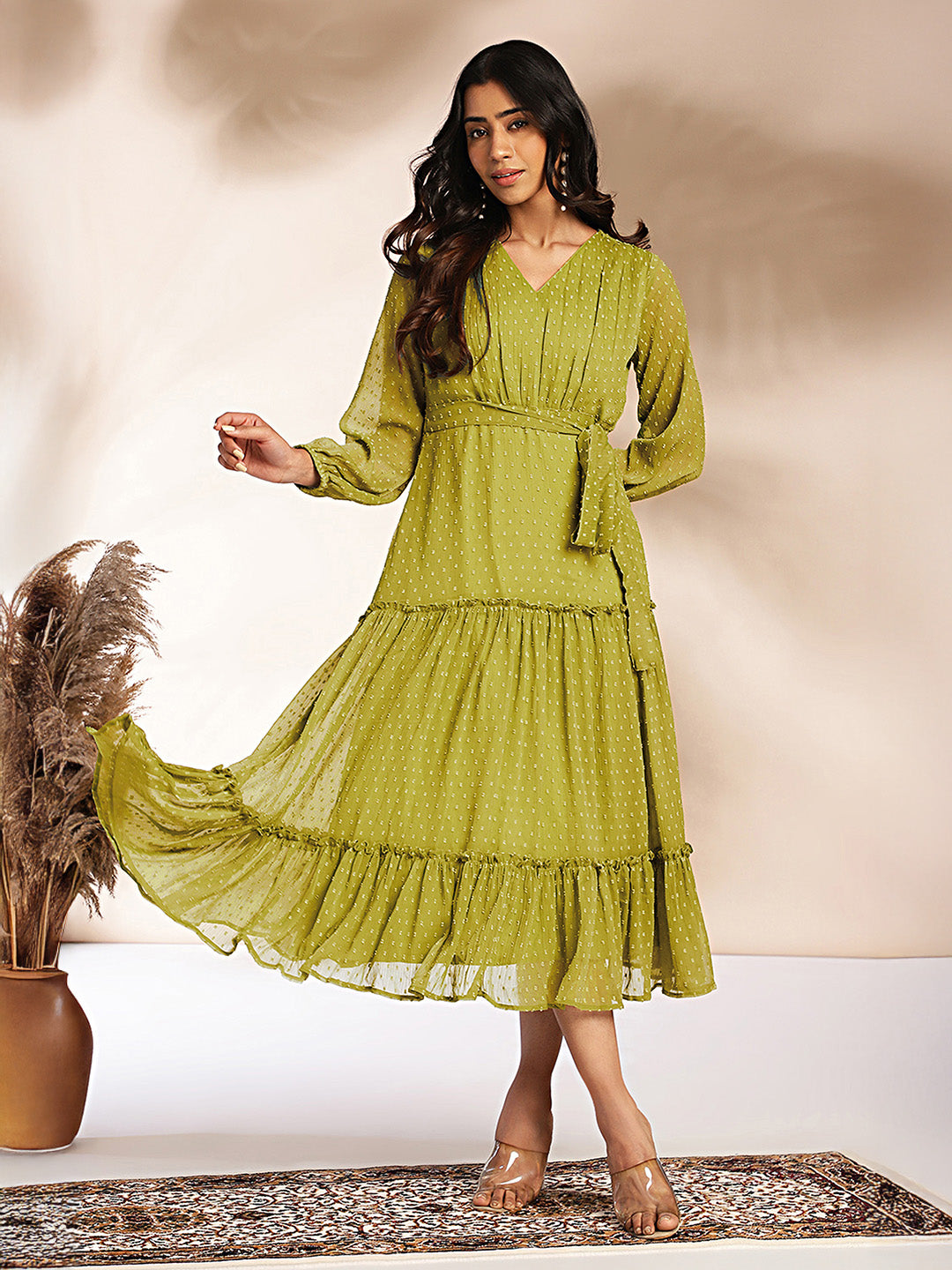 Janasya Lime Tiered Dobby Chiffon Dress