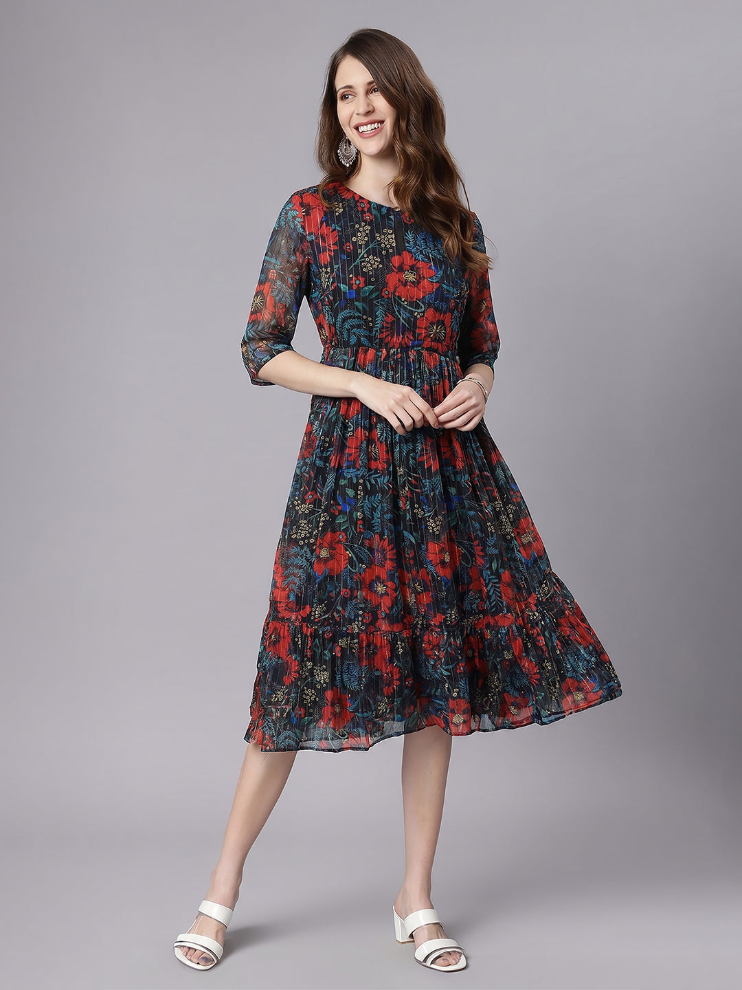Janasya Black Fit & Flare Chiffon Dress - Dista