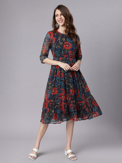 Janasya Black Fit & Flare Chiffon Dress - Dista
