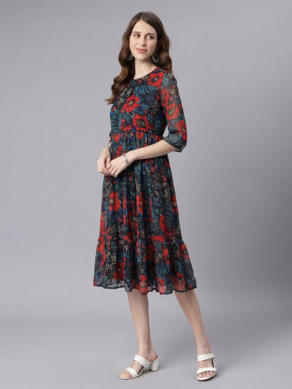 Janasya Black Fit & Flare Chiffon Dress - Dista