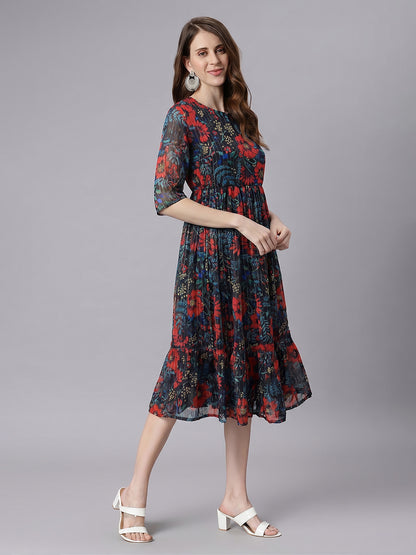 Janasya Black Fit & Flare Chiffon Dress - Dista
