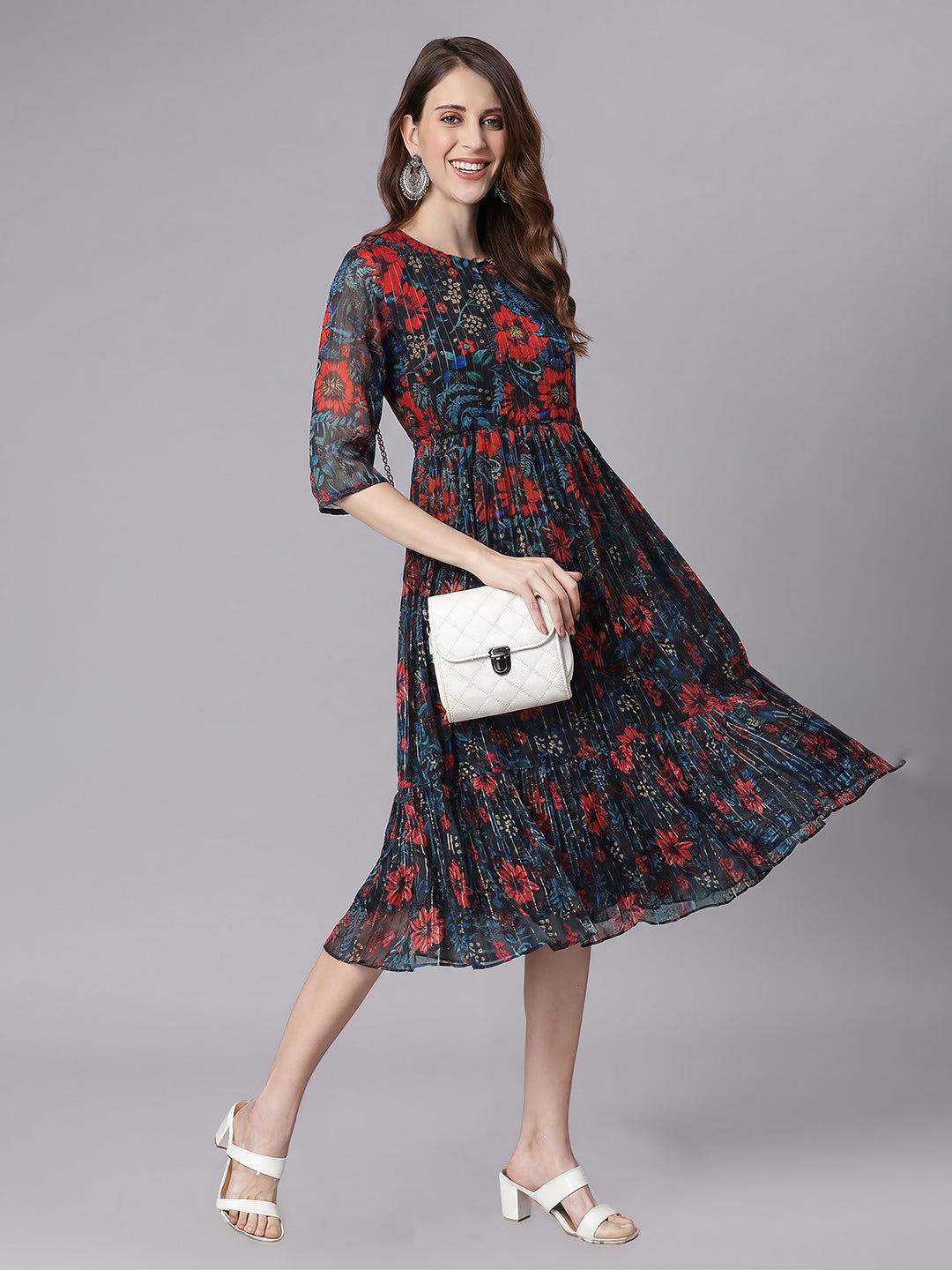 Janasya Black Fit & Flare Chiffon Dress