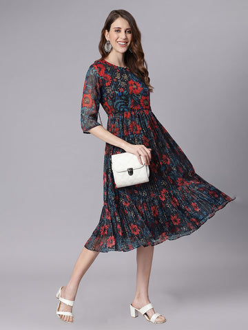 Janasya Black Fit & Flare Chiffon Dress - Dista