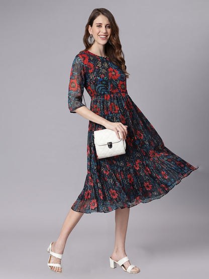 Janasya Black Fit & Flare Chiffon Dress - Dista
