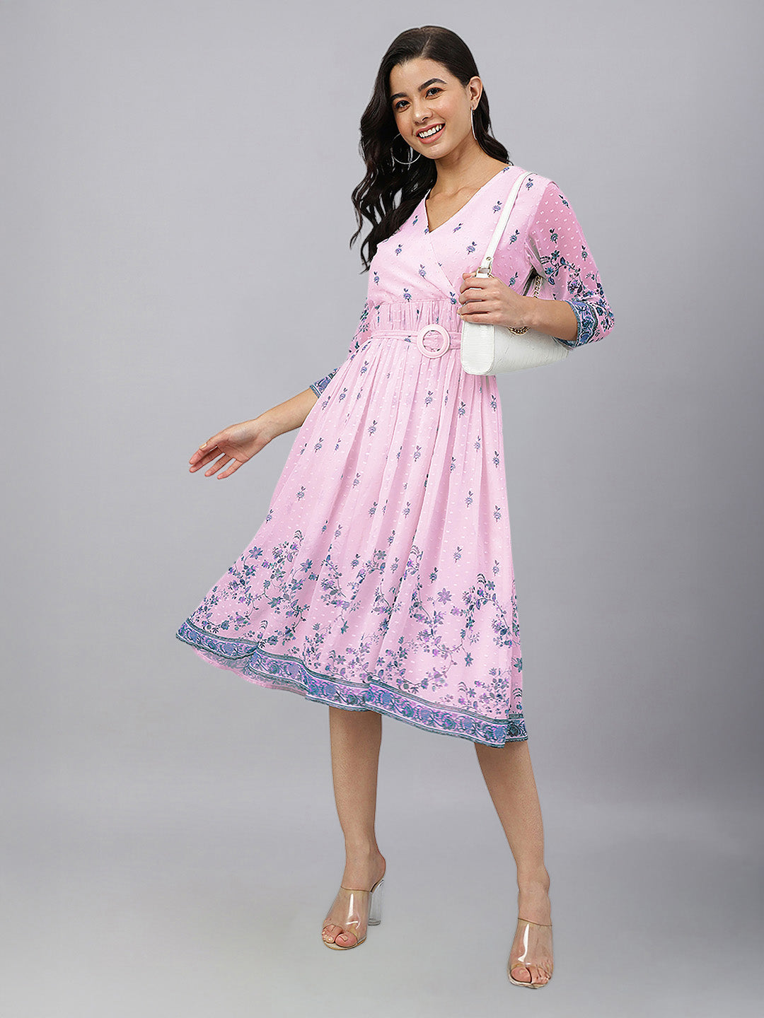 Janasya Baby Pink Fit & Flare Dobby Georgette Dress - Dista