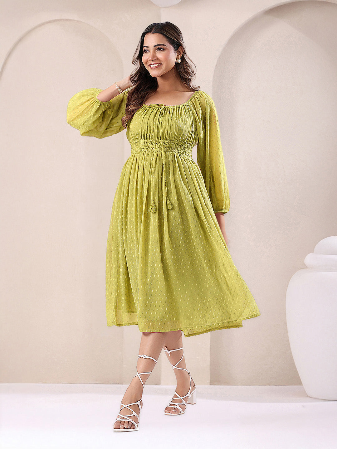 Janasya Lime Green Fit & Flare Dobby Chiffon Dress - Dista