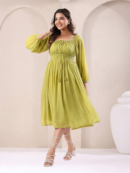 Janasya Lime Green Fit & Flare Dobby Chiffon Dress - Dista