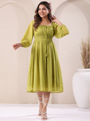 Janasya Lime Green Fit & Flare Dobby Chiffon Dress - Dista