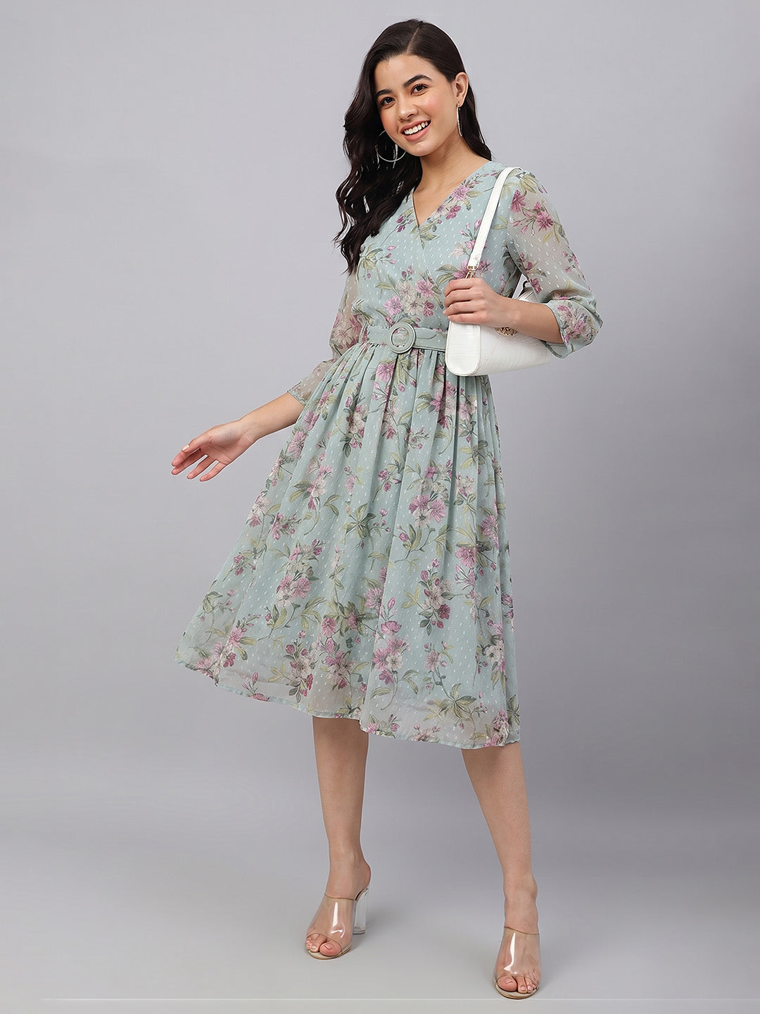 Janasya Sea Green Fit & Flare Dobby Georgette Dress - Dista