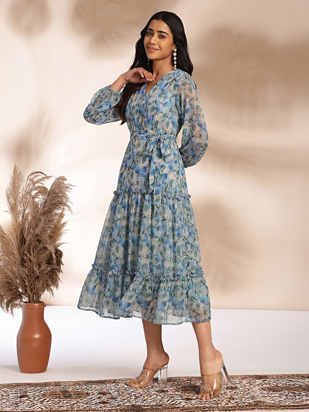 Janasya Beige Tiered Georgette Dress - Dista