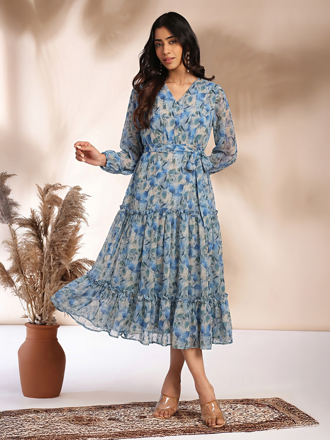 Janasya Beige Tiered Georgette Dress - Dista