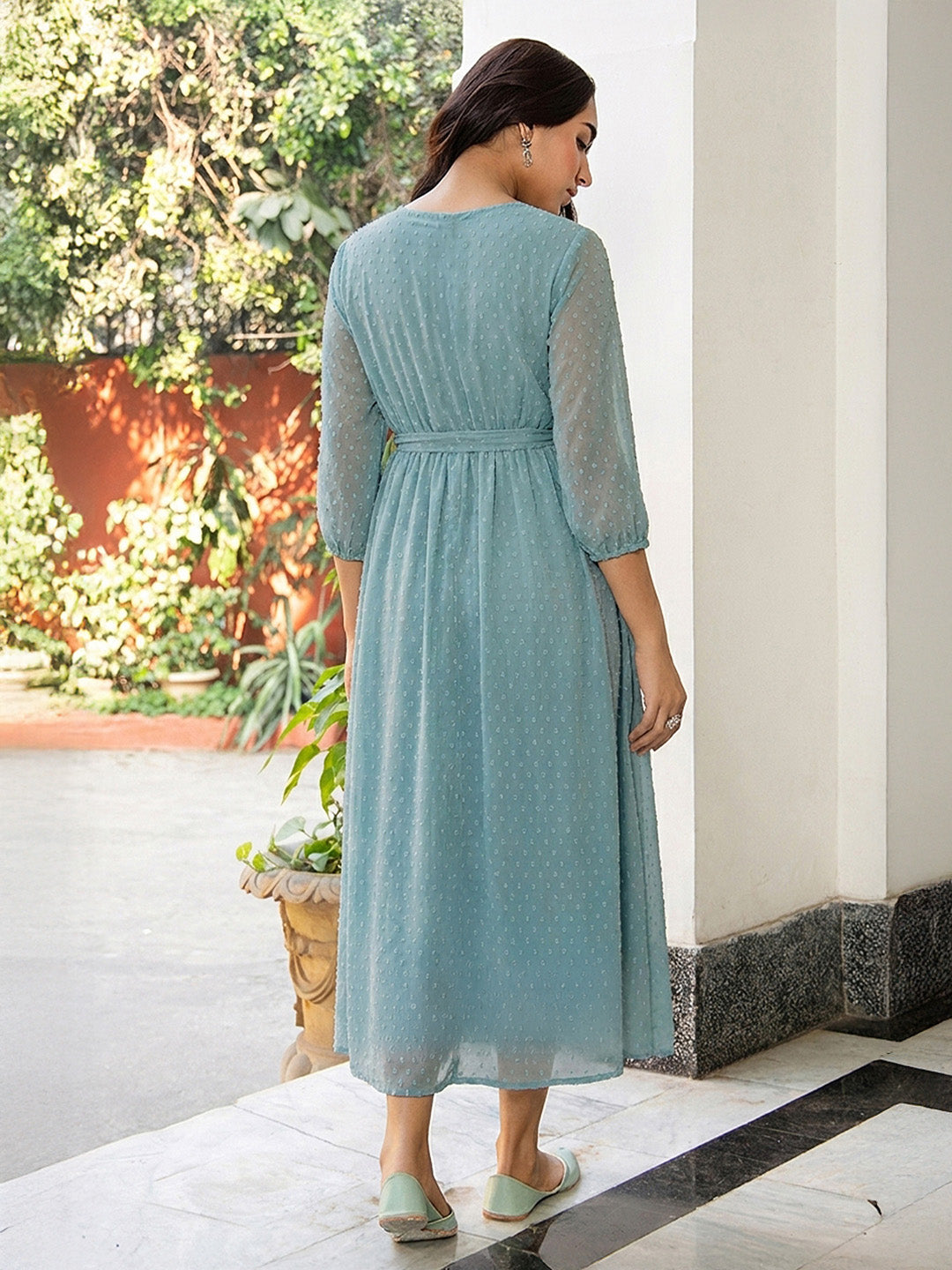 Janasya Powder Blue A-Line Dobby Chiffon Dress - Dista