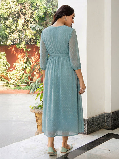 Janasya Powder Blue A-Line Dobby Chiffon Dress - Dista