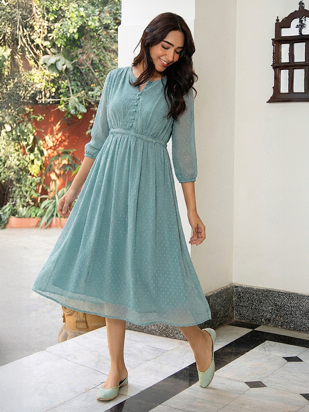 Janasya Powder Blue A-Line Dobby Chiffon Dress