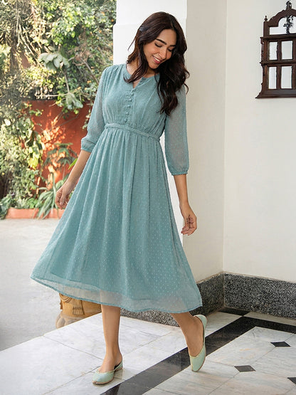 Janasya Powder Blue A-Line Dobby Chiffon Dress - Dista