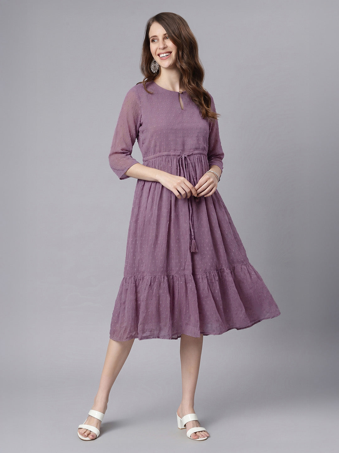 Janasya Lavender Fit & Flare Dobby Chiffon Dress - Dista
