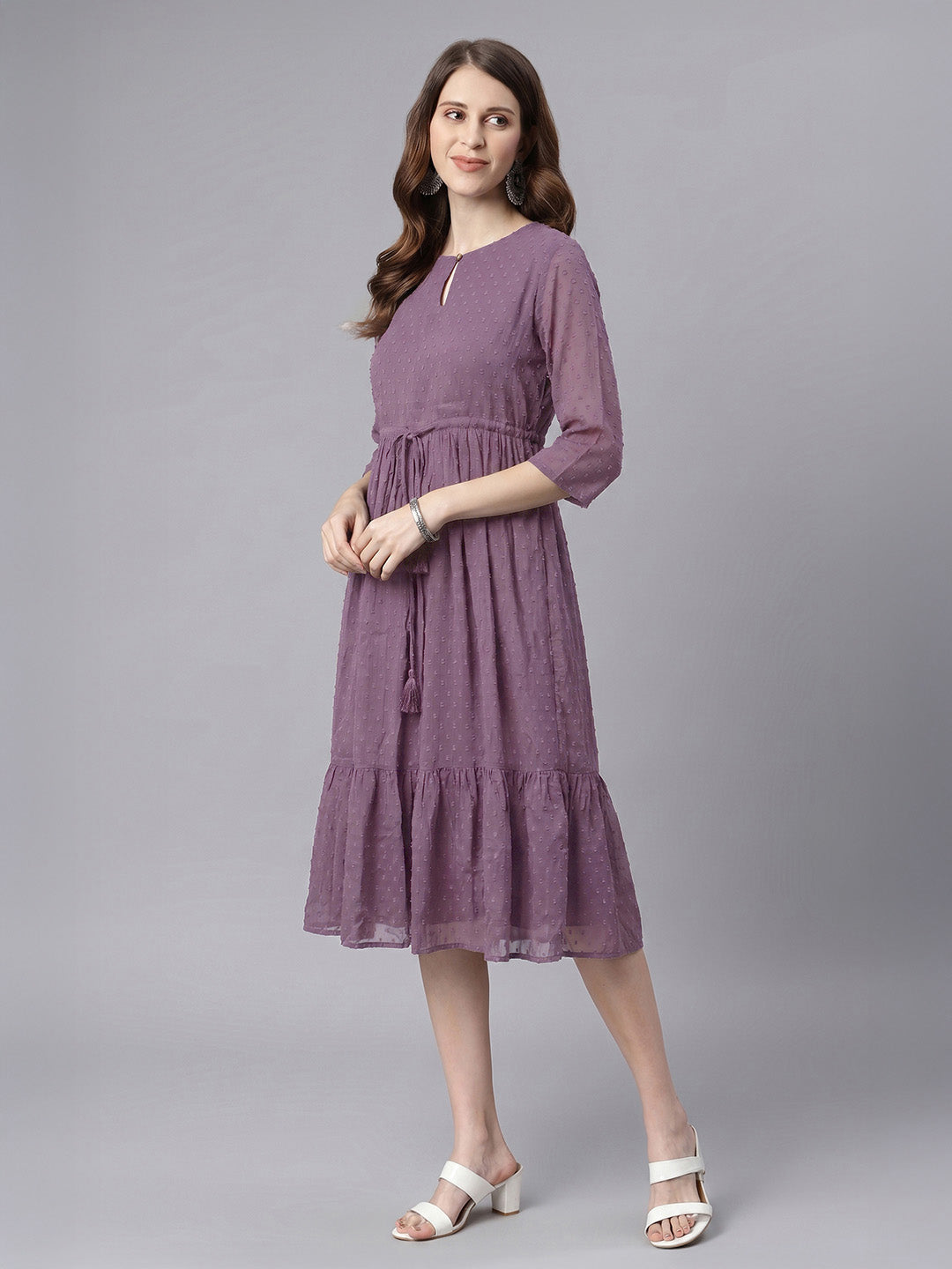 Janasya Lavender Fit & Flare Dobby Chiffon Dress - Dista