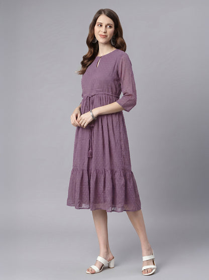 Janasya Lavender Fit & Flare Dobby Chiffon Dress - Dista