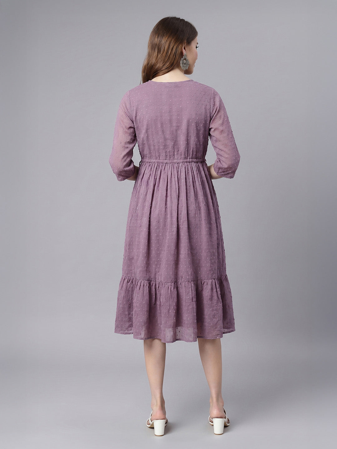 Janasya Lavender Fit & Flare Dobby Chiffon Dress - Dista