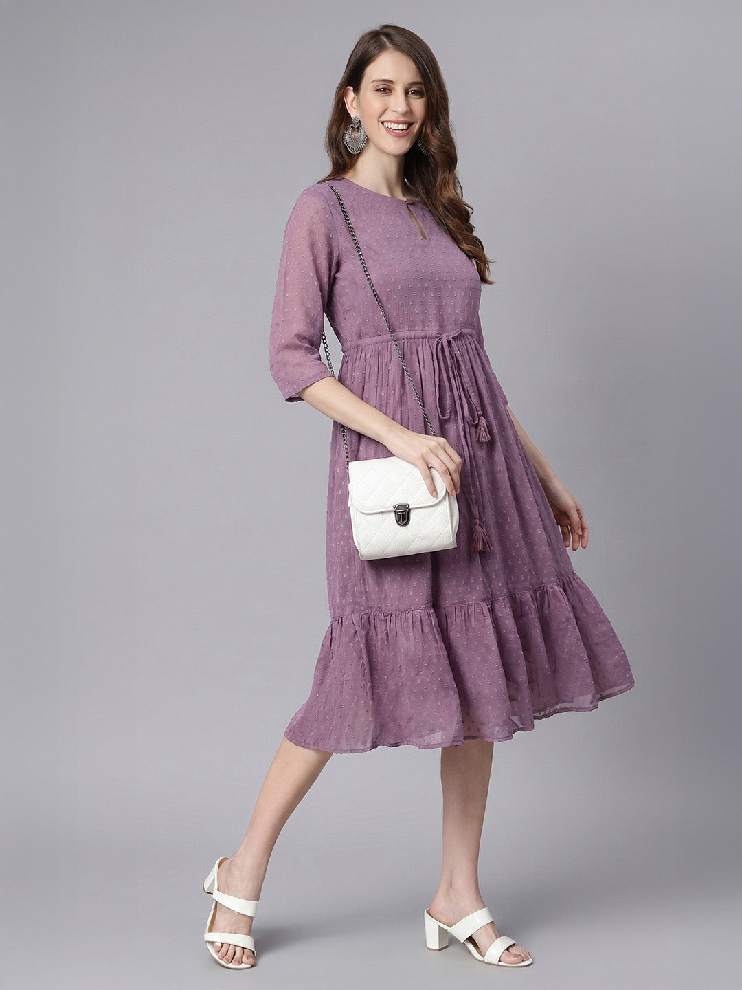 Janasya Lavender Fit & Flare Dobby Chiffon Dress