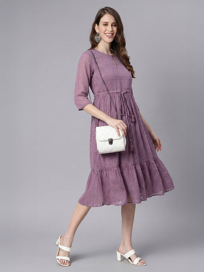 Janasya Lavender Fit & Flare Dobby Chiffon Dress - Dista