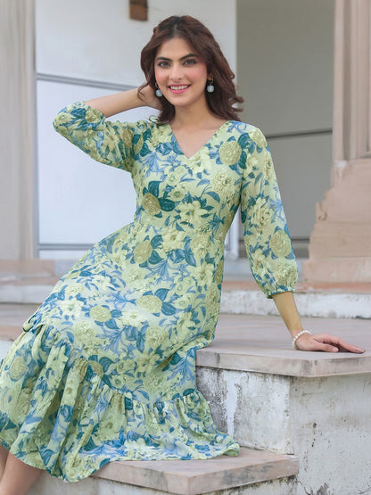 Janasya Light Green A-Line Georgette Dress - Dista