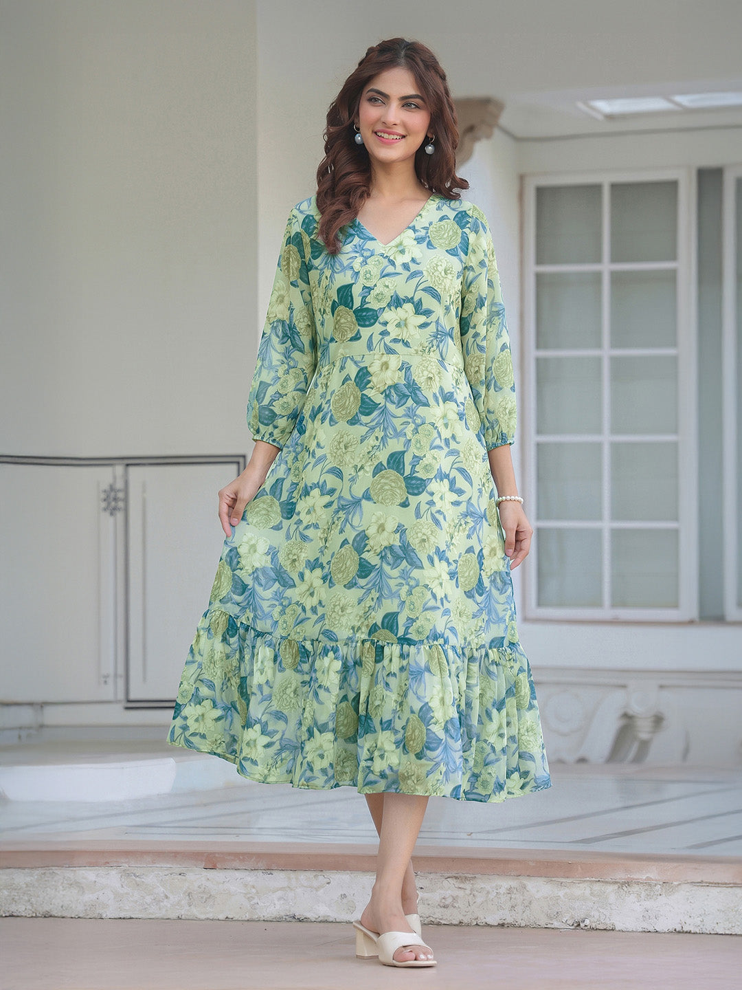Janasya Light Green A-Line Georgette Dress - Dista