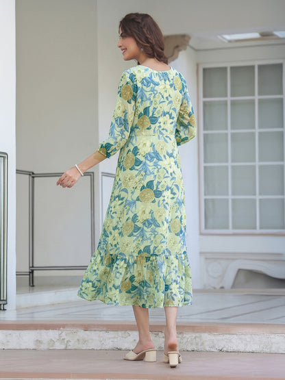 Janasya Light Green A-Line Georgette Dress - Dista