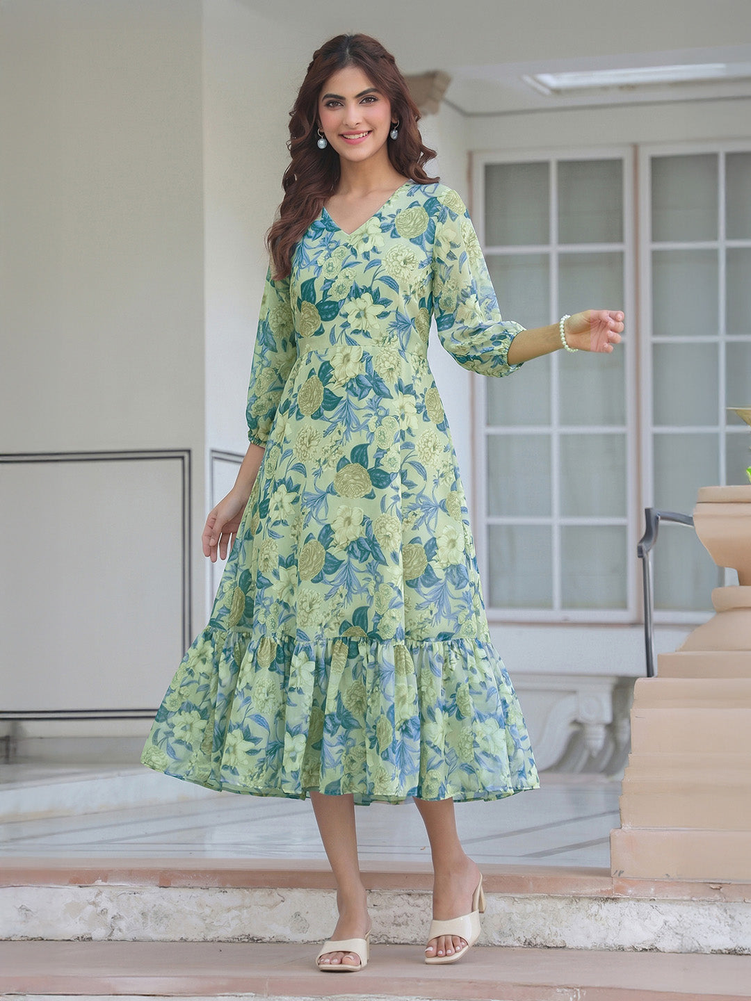 Janasya Light Green A-Line Georgette Dress - Dista