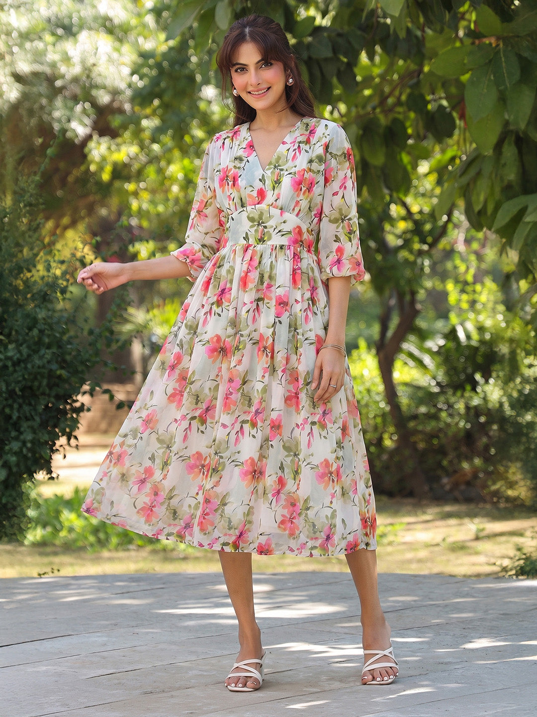 Janasya White Fit & Flare Georgette Dress - Dista