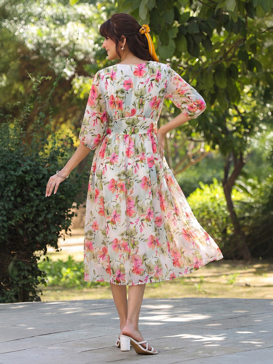 Janasya White Fit & Flare Georgette Dress - Dista