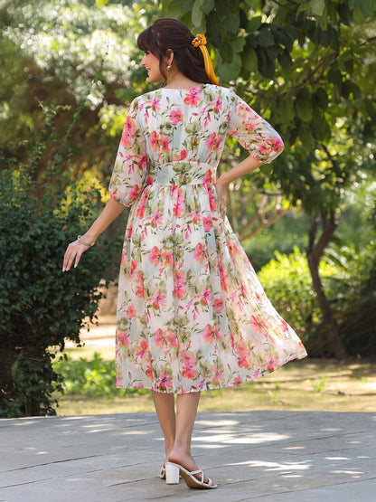 Janasya White Fit & Flare Georgette Dress - Dista