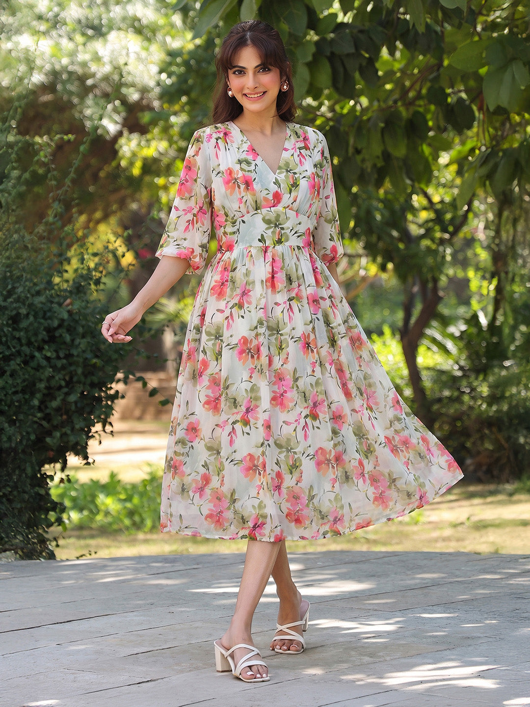 Janasya White Fit & Flare Georgette Dress - Dista