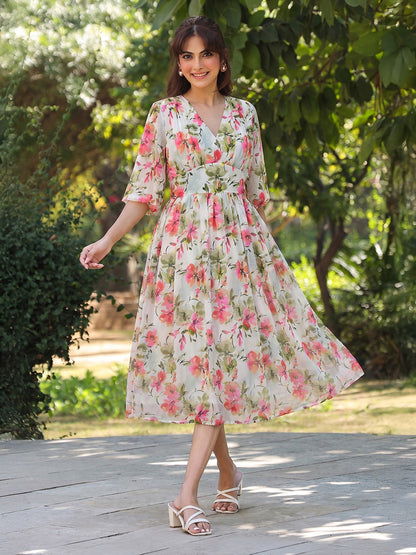 Janasya White Fit & Flare Georgette Dress - Dista