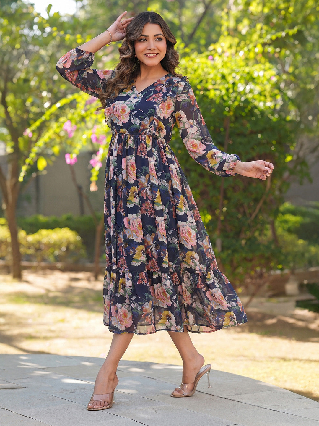 Janasya Purple Fit & Flare Georgette Dress - Dista