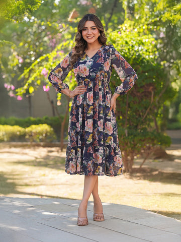 Janasya Purple Fit & Flare Georgette Dress - Dista