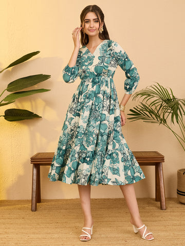 Janasya Off White Fit & Flare Cotton Dress - Dista