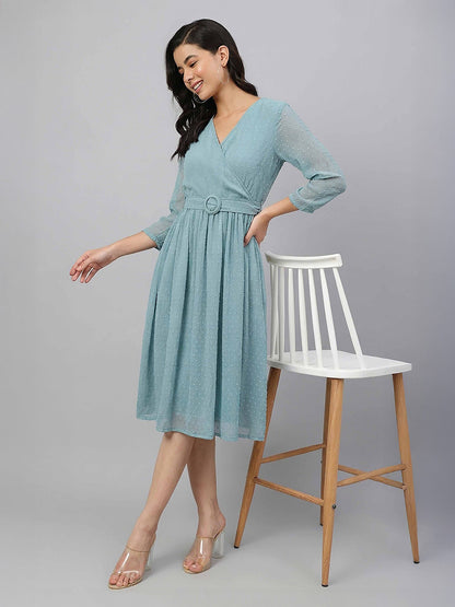 Janasya Aqua Fit & Flare Dobby Chiffon Dress - Dista