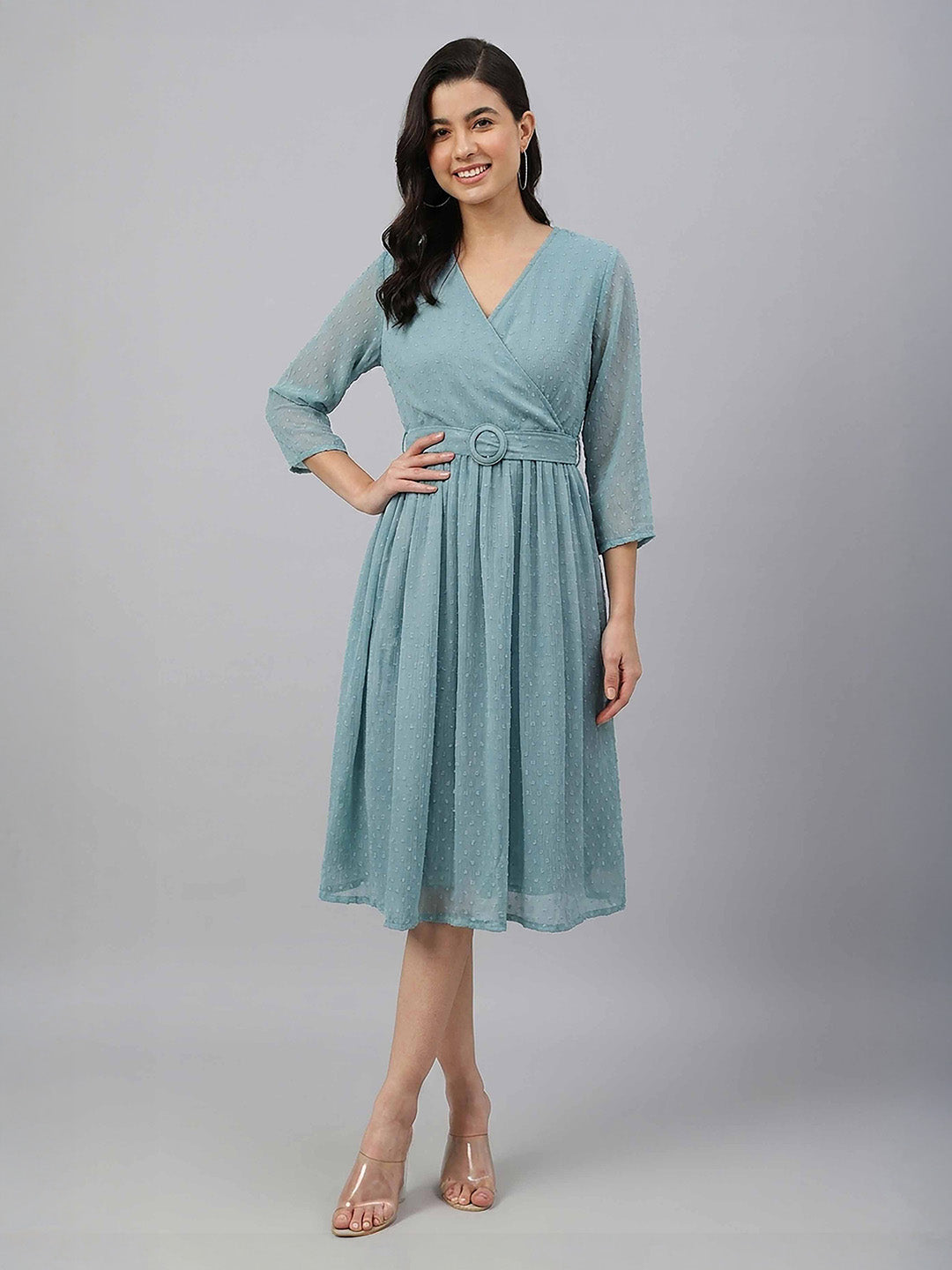 Janasya Aqua Fit & Flare Dobby Chiffon Dress - Dista
