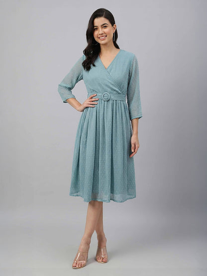 Janasya Aqua Fit & Flare Dobby Chiffon Dress - Dista
