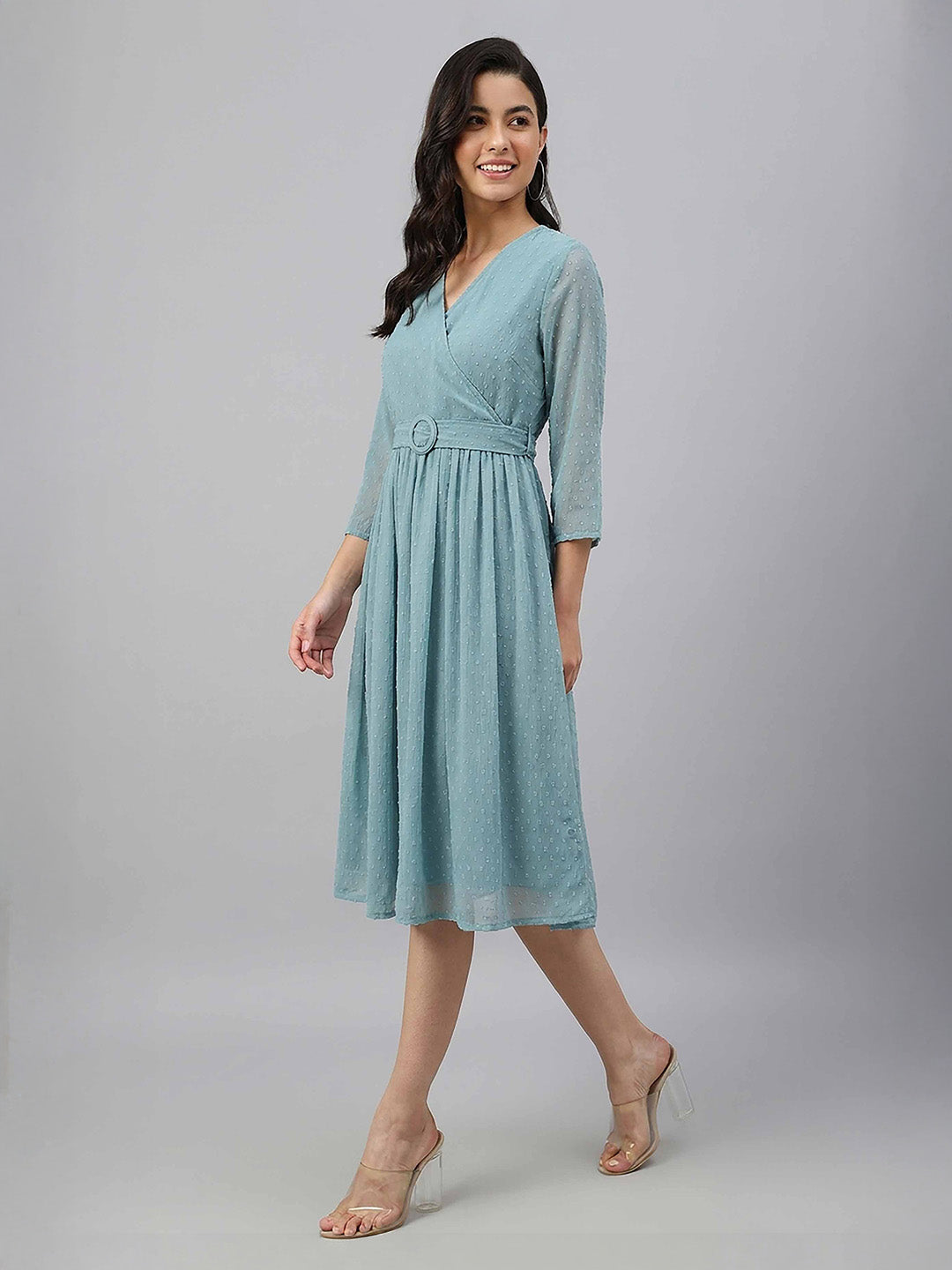 Janasya Aqua Fit & Flare Dobby Chiffon Dress - Dista