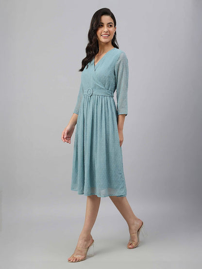 Janasya Aqua Fit & Flare Dobby Chiffon Dress - Dista