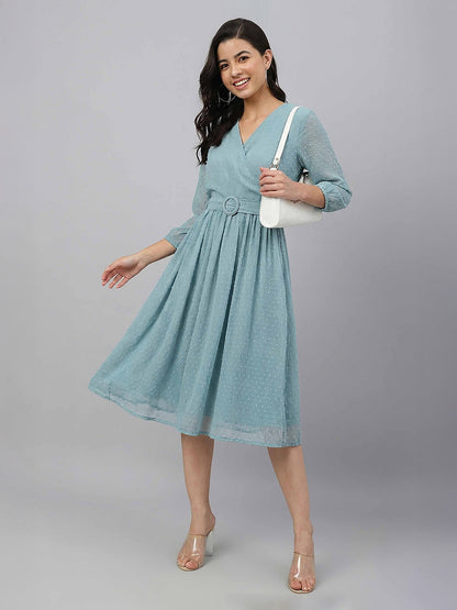 Janasya Aqua Fit & Flare Dobby Chiffon Dress - Dista