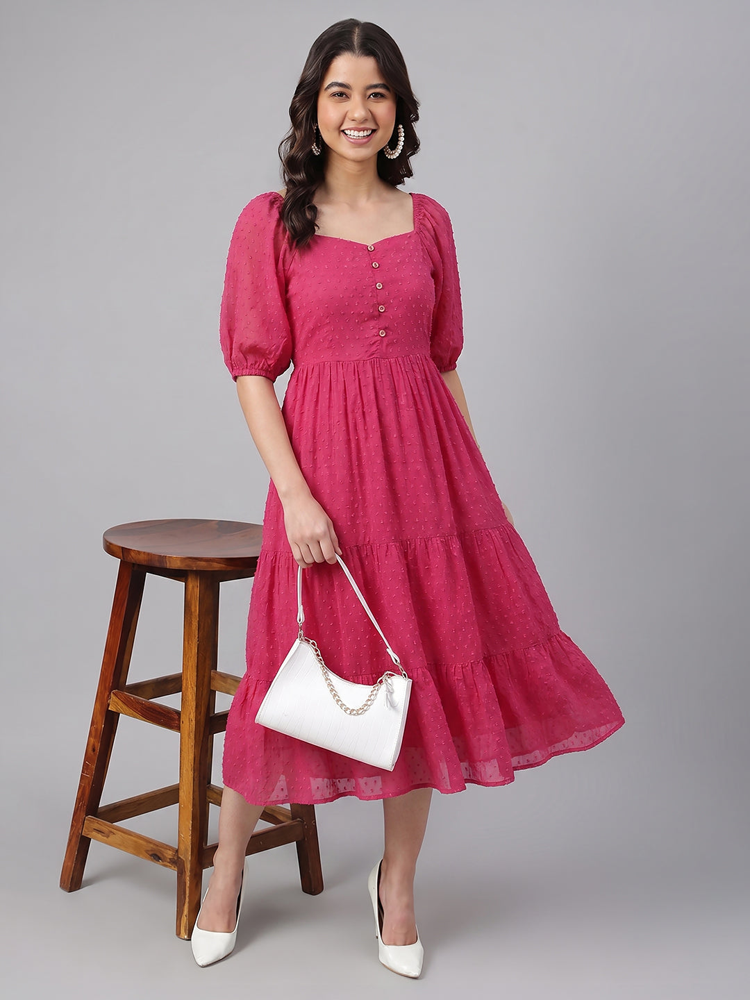 Janasya Magenta Tiered Dobby Chiffon Dress - Dista