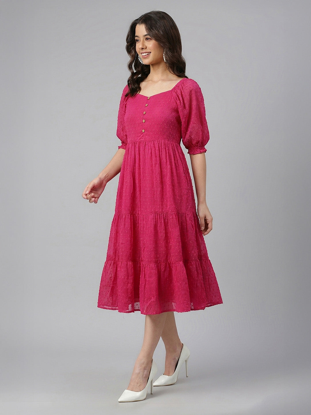 Janasya Magenta Tiered Dobby Chiffon Dress - Dista